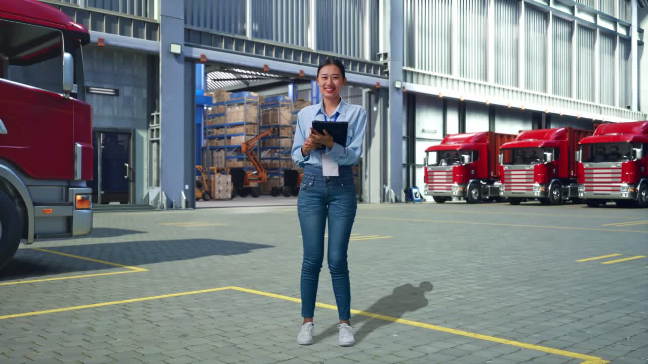Full Body Of An Asian Female Professional Worker Standing, Outside of Logistics Distributions Warehouse, Typing On Tablet'S Keyboard And Looking Camera And Smiling