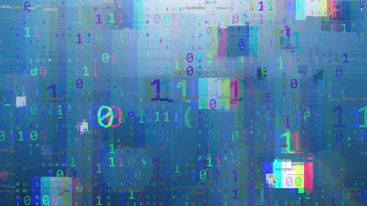 Abstract loopable digital glitch pattern, binary code stream, neon colors, futuristic data encryption, cyberpunk aesthetic