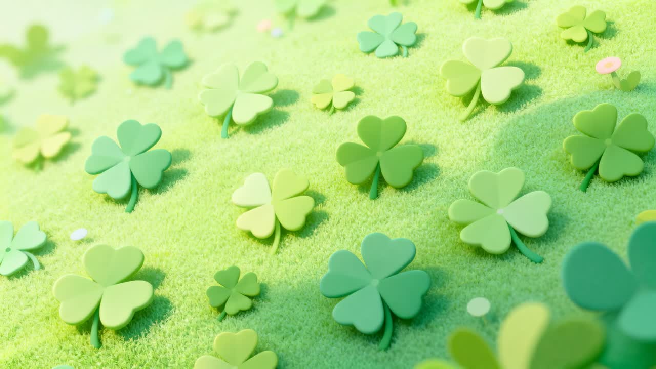 Shifting camera revealing stylized four-leaf clover carpet on mossy mat, revealing wider field