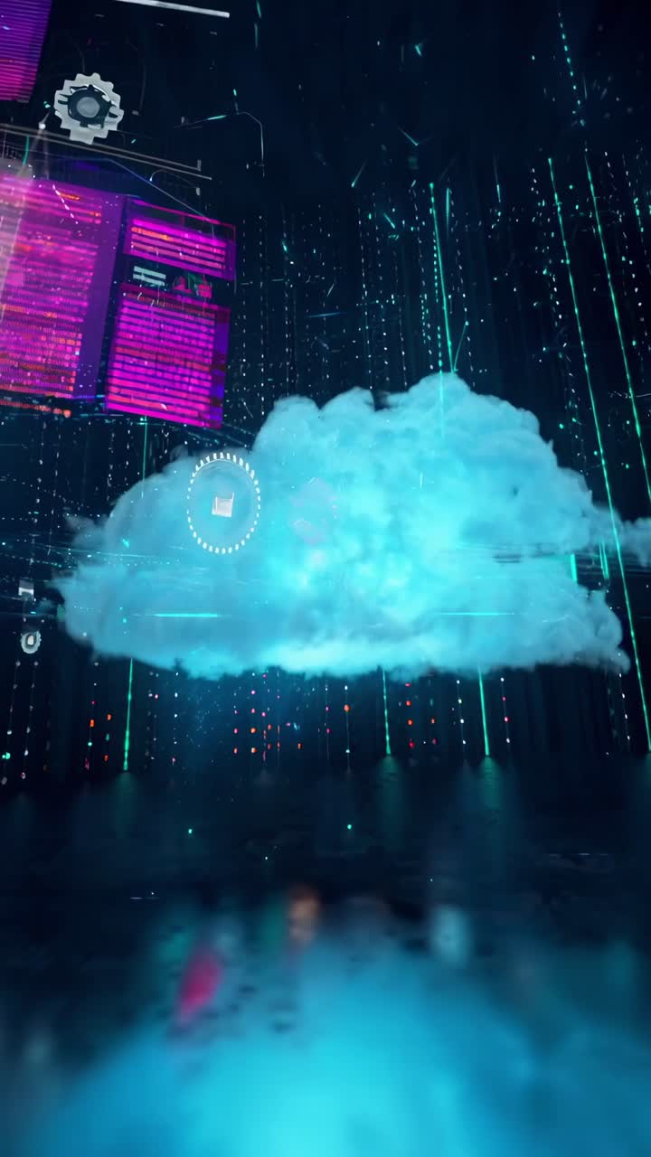 Futuristic video concept with a low-angle view of a digital cloud and tech icons