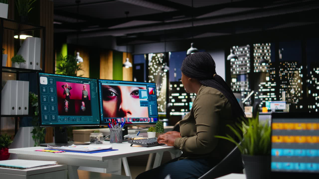 Professional woman uses editing software and AI chatbot on dual monitors