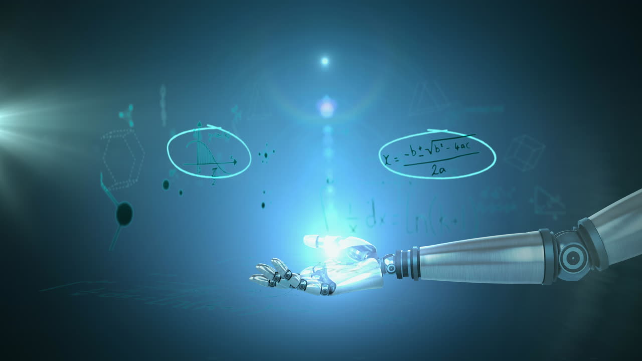 Spot of light over robotic hand against mathematical equations floating on blue background