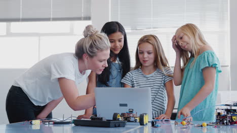 teacher with female students building and programing robot vehicle in school computer coding class