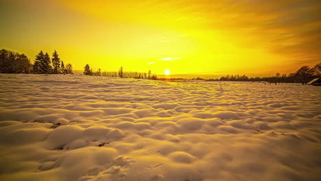 Lapso-De-Tiempo-De-La-Iluminación-Dorada-De-La-Puesta-De-Sol-En-Campos-Agrícolas-Cubiertos-De-Nieve-En-La-Naturaleza-Salvaje---Hermoso-Paisaje-Con-Silueta-De-árbol-En-Invierno