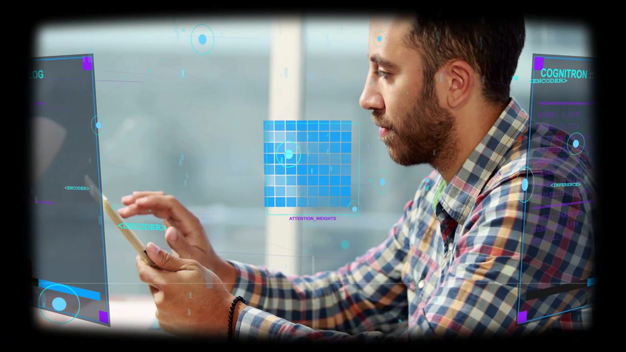 Man tapping and swiping tablet at desk by window, aligning technology grid panels reviewing data