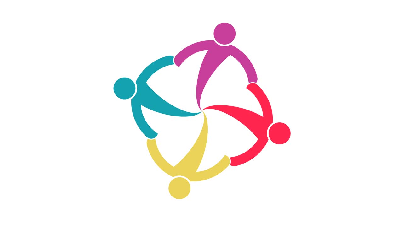 logotipo. grupo trabajo en equipo símbolo de cuatro personas en un círculo.4k resolución gráfico de movimiento