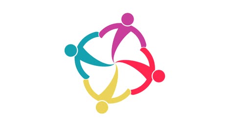 logotipo. grupo trabajo en equipo símbolo de cuatro personas en un círculo.4k resolución gráfico de movimiento