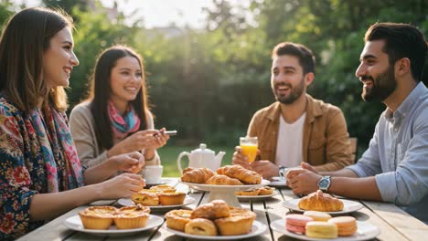 a joyful gathering of friends over delicious pastries and refreshing drinks in a beautiful outdoor setting, celebrating connection and laughter together