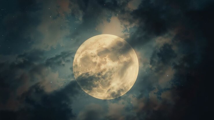 Eröffnung mit strahlendem Vollmond, der am Nachthimmel leuchtet, treibende Wolken, die Oberfläche und Sterne verdecken