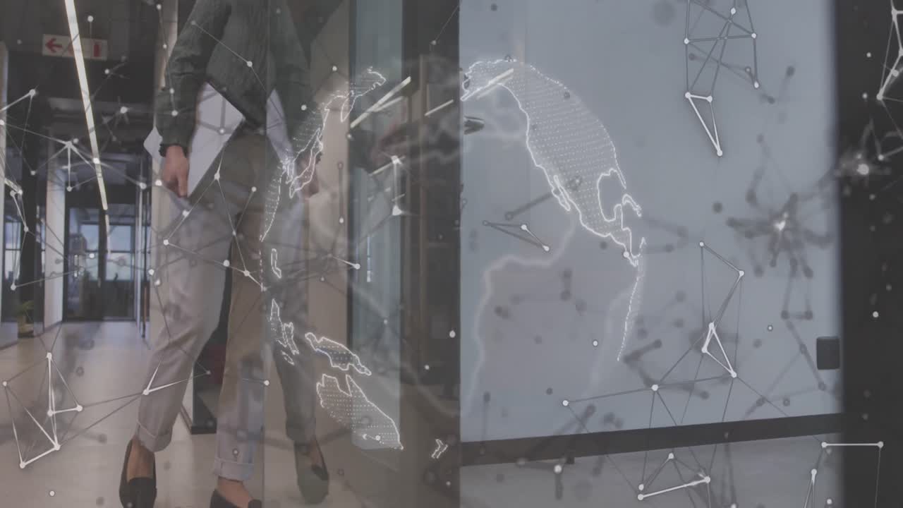 연결 네트워크와 전 세계에 대한 애니메이션 사무실에서 일하는 아시아 사업가