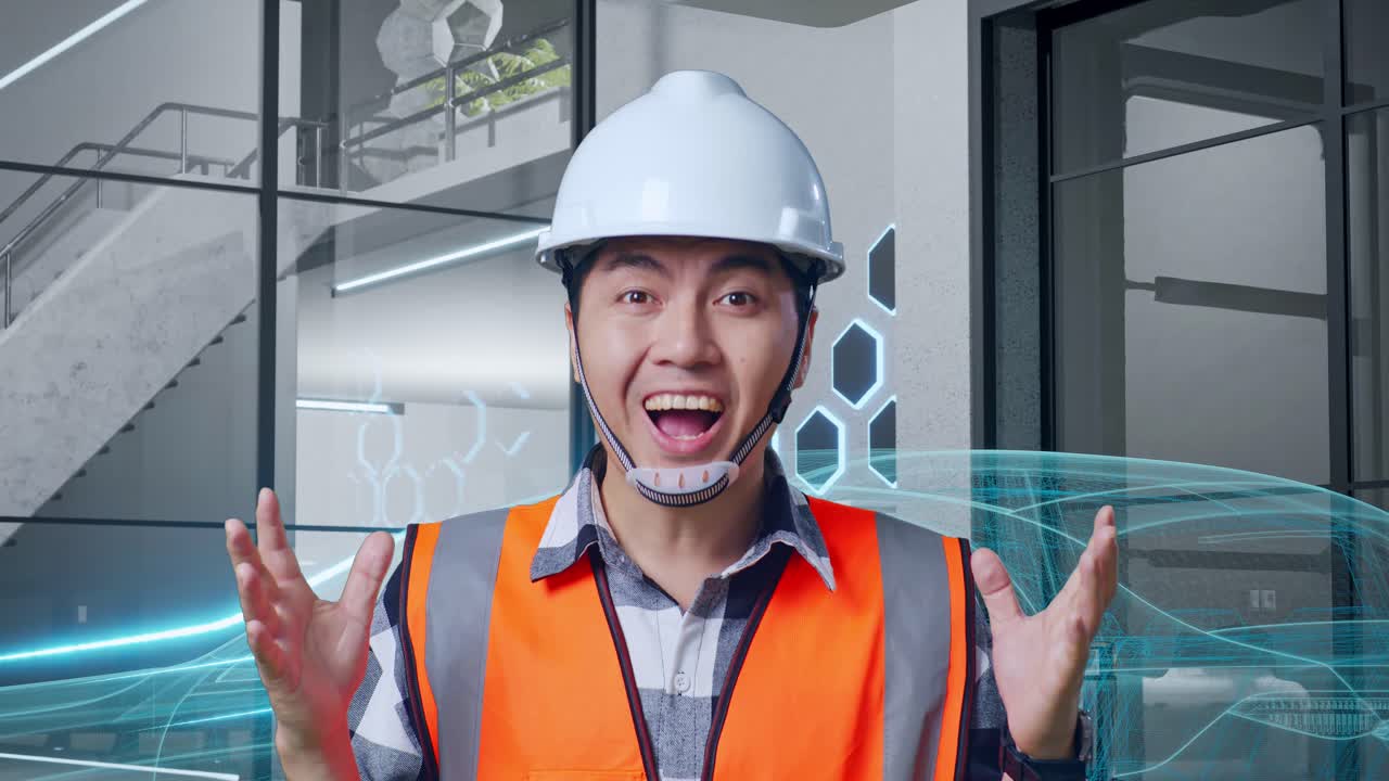 안전 헬을 입은 아시아 남성 엔지니어가 카메라를 향해 미소 짓고 와우라고 말하면서 전기 차량, 첨단 기술 산업 시설의 개념과 함께 서 있습니다.
