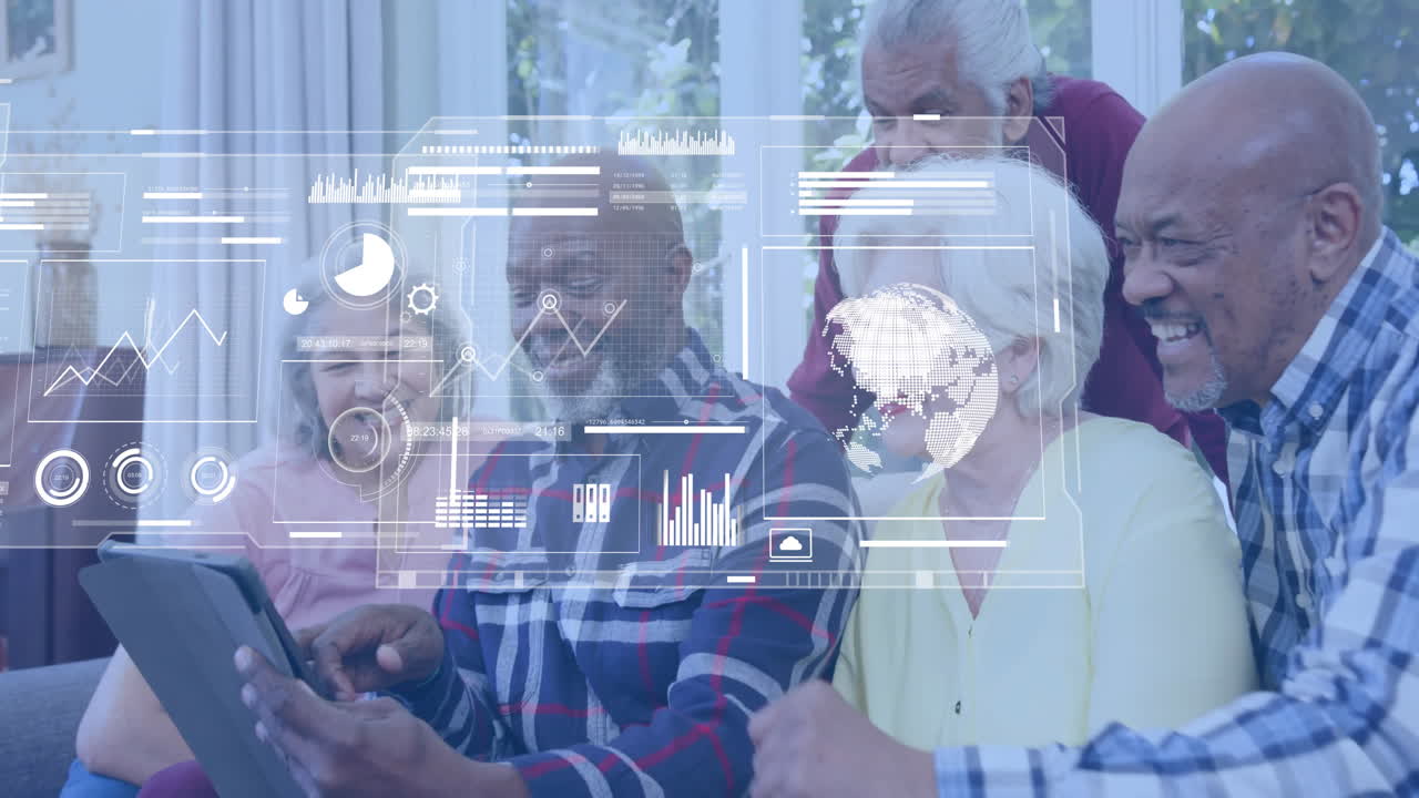 animación de la red de conexiones con iconos a través de diversos amigos mayores que utilizan tableta