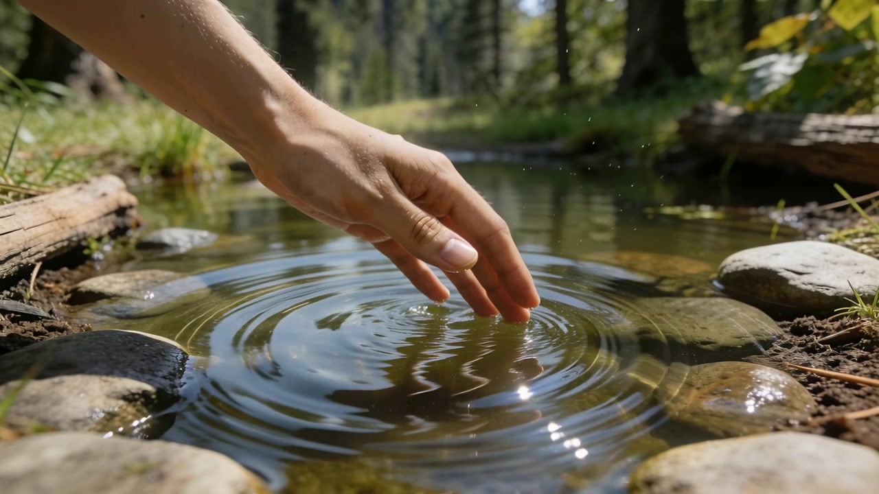 Noticing ripples, adult right hand and forearm reaching into forest stream, making sparkling drops