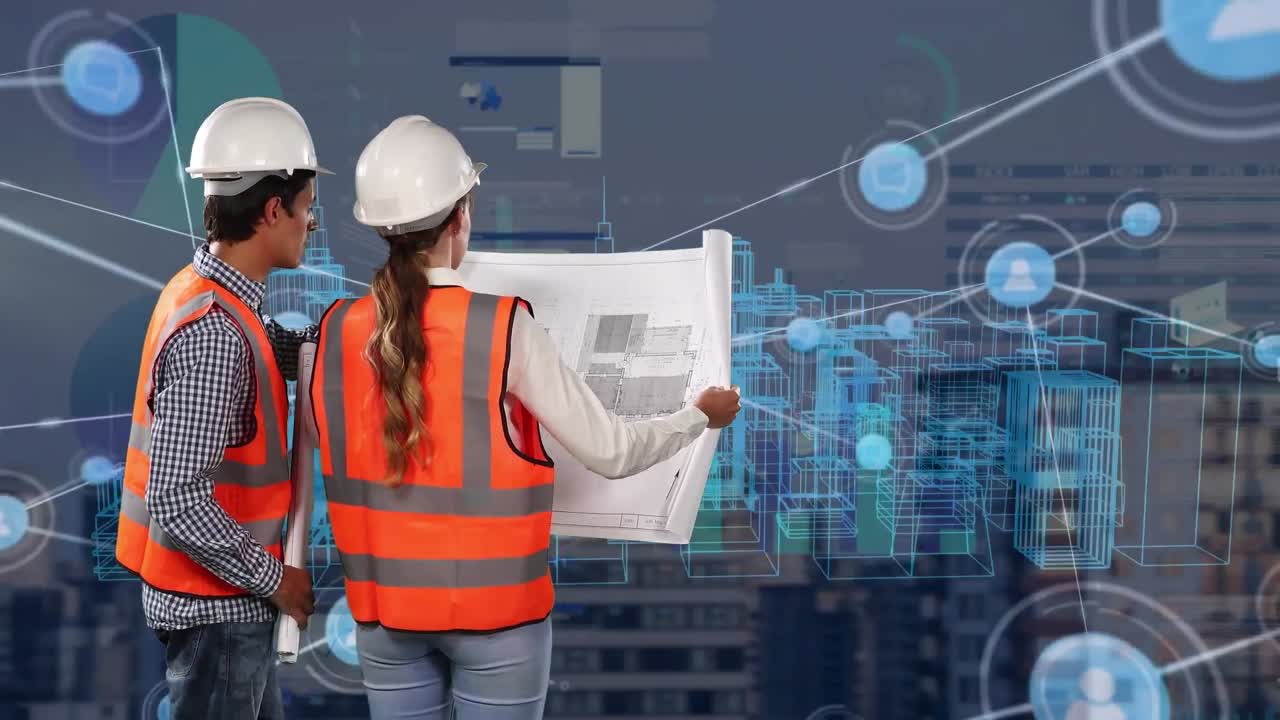 animación de conexiones y metaverso ciudad sobre sobre ingenieros caucásicos masculinos y femeninos.