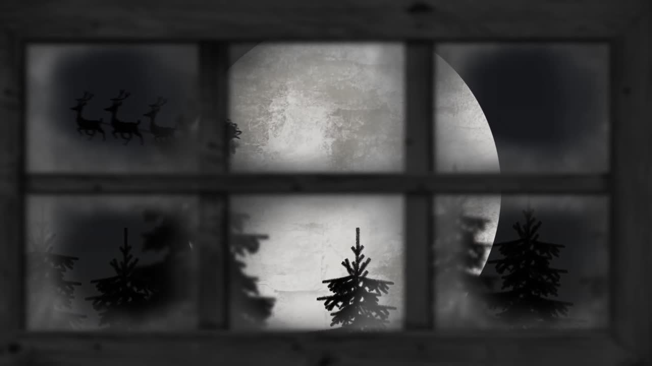 렌더와 겨울 크리스마스 장면에 의해 끌려가는  ⁇ 매에서 산타클로스의 실루 ⁇ 의 애니메이션