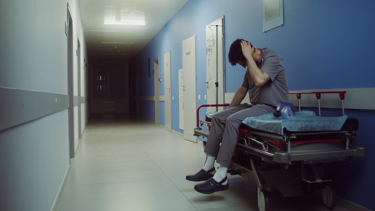 Medico stressato nel corridoio dell'ospedale