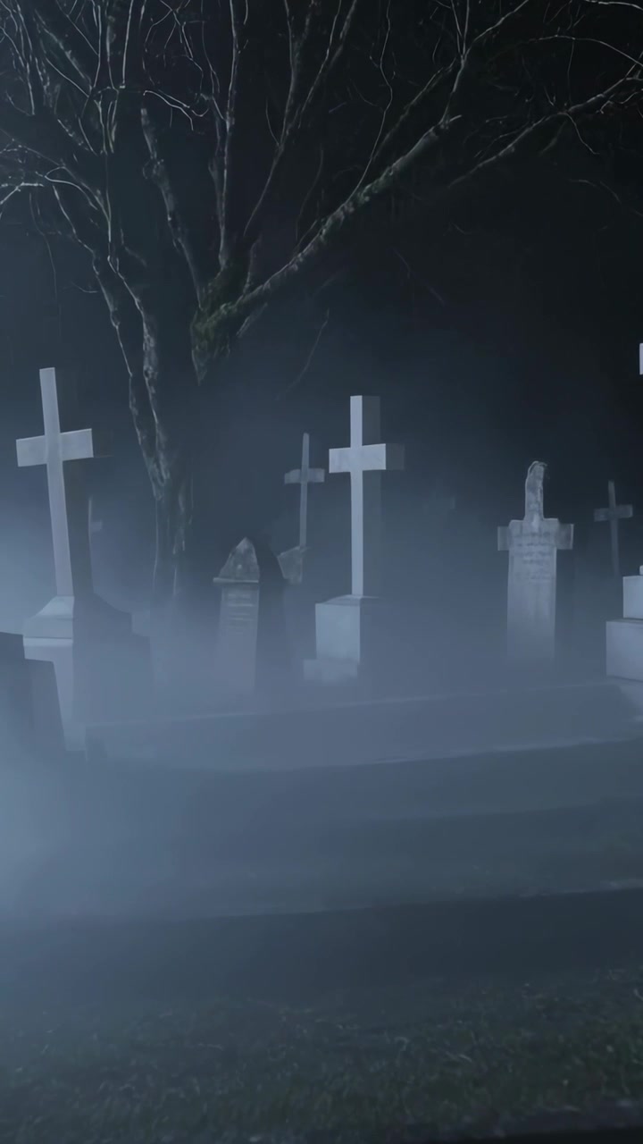 Video verticale: Inquadratura con panoramica a destra che rivela croci bianche che emergono dalla nebbia di notte, con un albero incombente