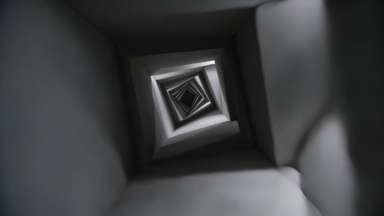 Entering left-tilt camera moving through nested-square shaft with bevels and upper-right light