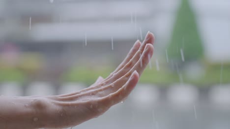 close up in slow motion shot, a female hand cheerfully catches rains on tiny palm, rainy season slow motion, on the street side, global warming concept, surface temperature and humidity moist