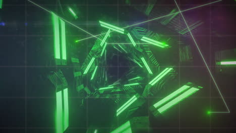 animation of glowing green spiral over grids on black background
