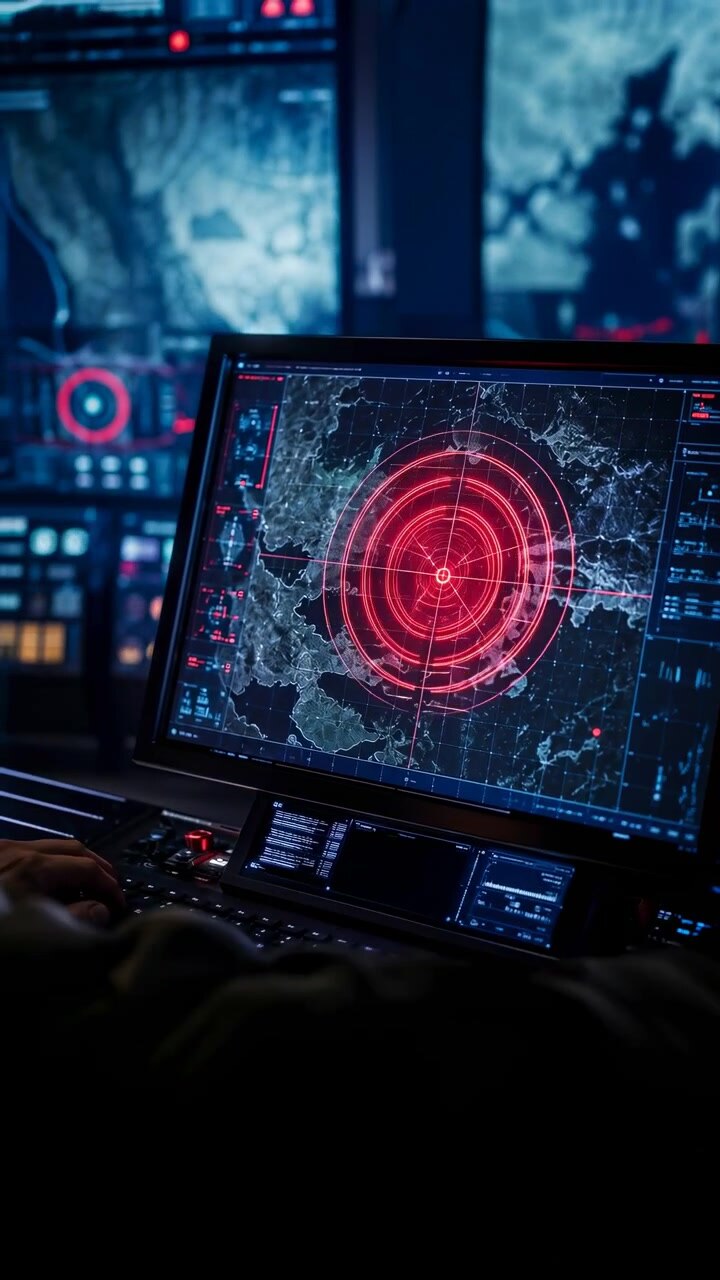 Operator at control station studies detailed geographic map on main monitor, while concentric red target rings mark coordinates across dark command center with glowing displays and keyboard nearby