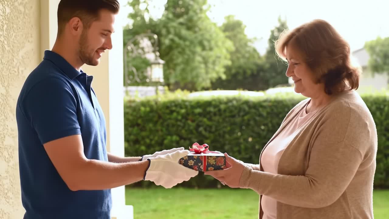 A smiling man in a polo shirt surprises a woman at her home by delivering a small wrapped gift. The atmosphere is cheerful and sunny, showcasing a pleasant day.