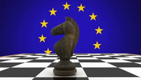 animation of knight on chess board over flag of european union in background