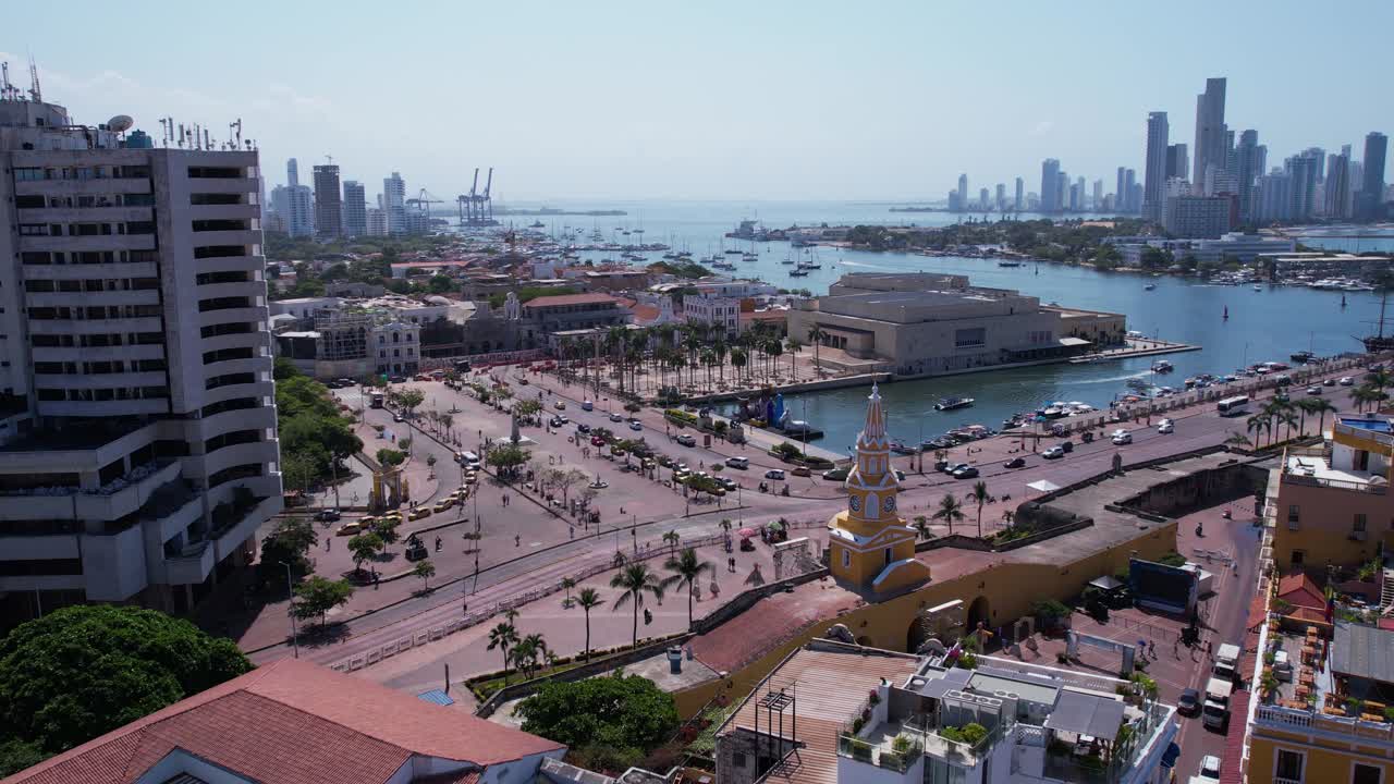 Aerial view of Cartagena, Colombia cityscape with clock tower and skyline
