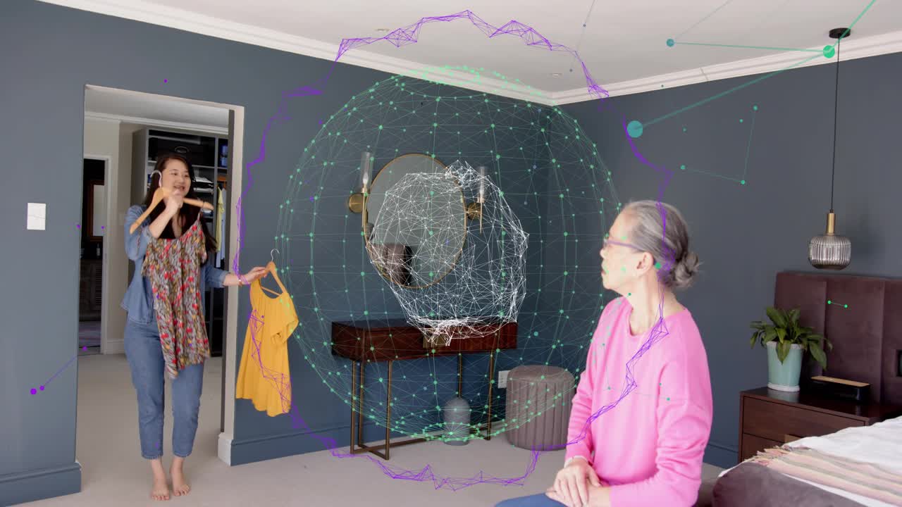 Daughter entering doorway holding two dresses, mom picking remote and choosing fashion via holo orb