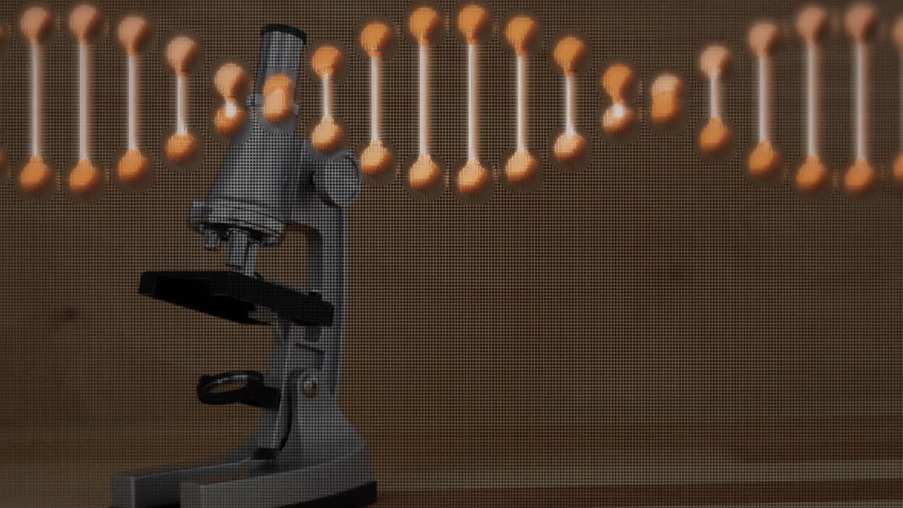 animación de la hebra de adn girando sobre el microscopio sobre un fondo marrón