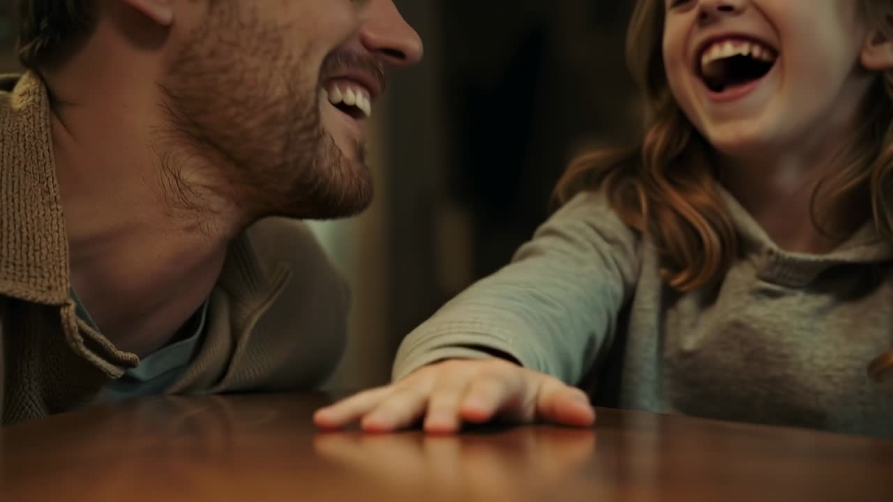 Leaning, adult male and child female sharing laughter after shared smile at wooden table, sweaters
