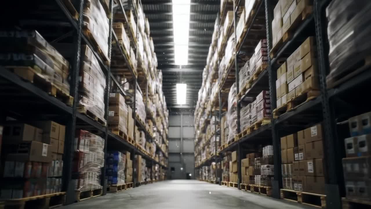 A Glimpse Inside a Large Warehouse: Shelves Stocked with Products, Neatly Organized for Efficient Storage and Inventory Management in a Commercial Facility