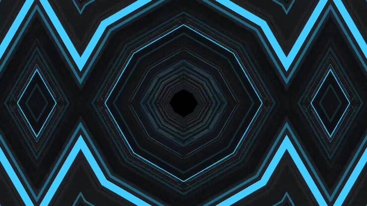 Túnel Geométrico Abstrato com Luzes de Néon Azuis Pulsantes
