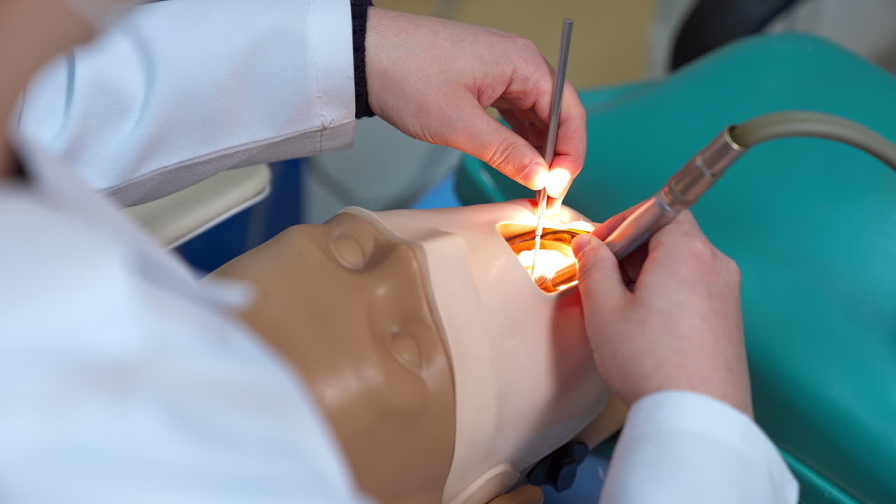 Dental practical exercising with dummy. Professional dental equipment and dental examination training