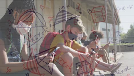 Animation-of-mathematical-equations-over-group-of-kids-wearing-face-masks-using-smartphones