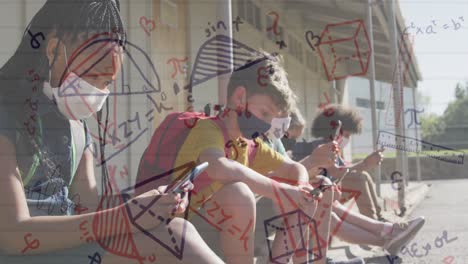 animation of mathematical equations over group of kids wearing face masks using smartphones