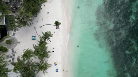 Bohol's-Alona-Beach:-A-Topshot-of-Paradise-with-Palm-Trees,-Crystal-Clear-Waters,-and-Endless-Fun-for-Tourists