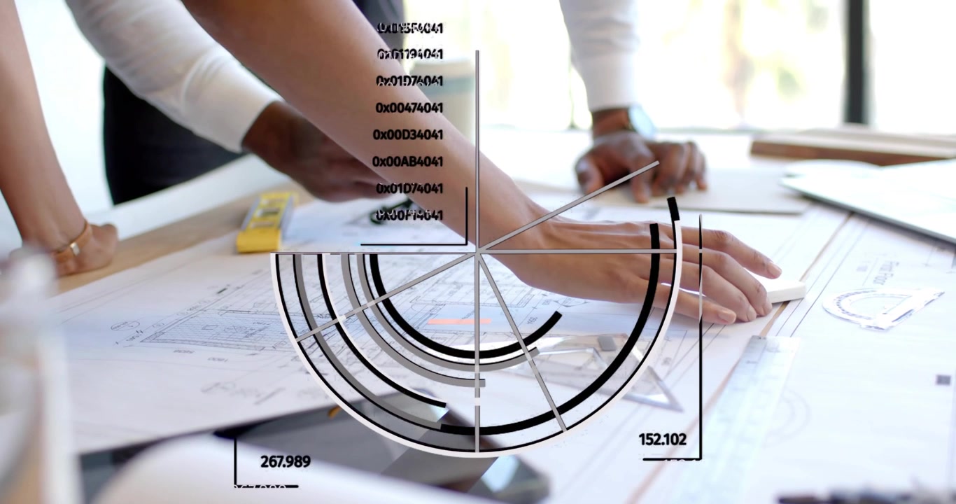 Designers picking pencil and drawing blueprint lines for accuracy while radial overlay expanding