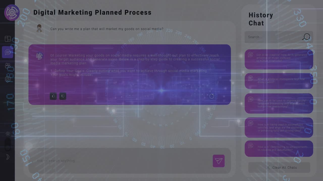 animación de la ciudad digital y chat ai en fondo negro