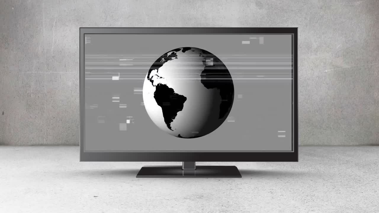 스크린 에 회전 하는 지구 를 가진 평면 스크린 텔레비전