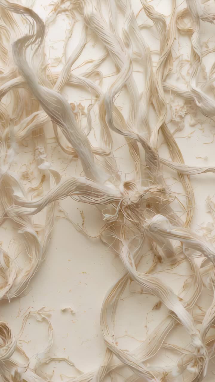 Vertical video: Moving camera down right showing beige fibers on cream mat, revealing center knot