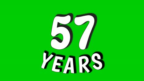 57 years text animation motion graphics on green screen.fifty seven celebration, anniversary, birthday concept. chroma key background