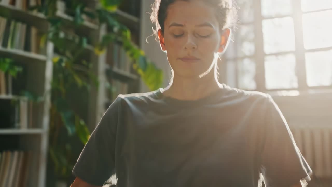 A serene video scene of a person meditating in a sunlit room. Captured from a low angle