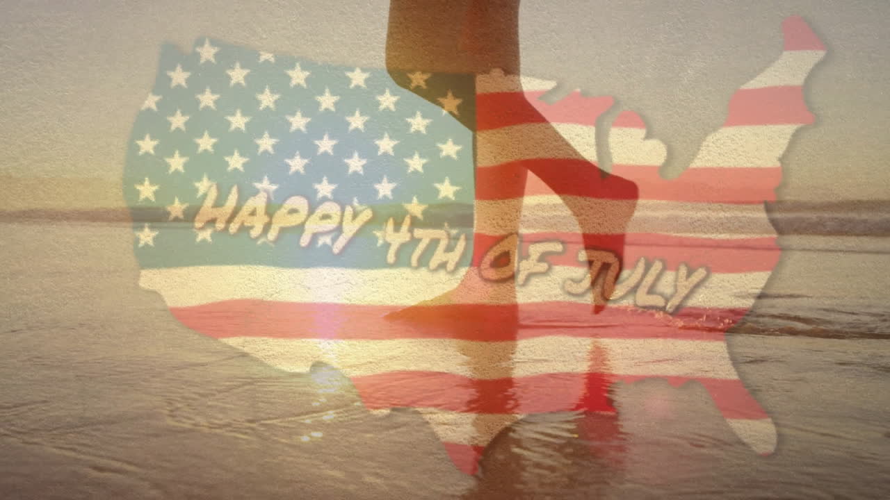 Walking on beach, person with 4th of July animation text over silhouette