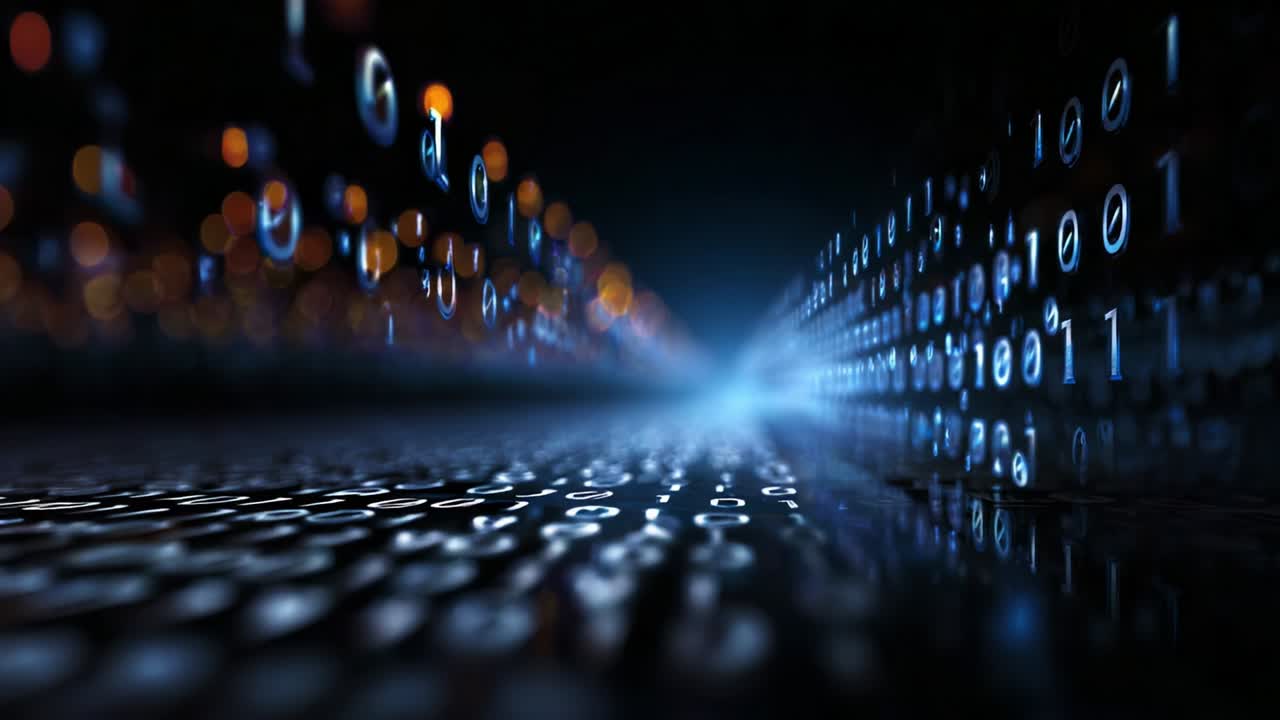 A Futuristic Visualization of Binary Data Flowing Through a Darkened Space, Representing the Concept of Digital Connectivity, Information Transmission, and the Evolution of Technology in the Modern Era