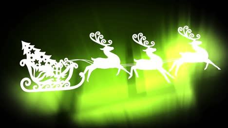 Christmas-tree-in-sleigh-being-pulled-by-reindeers-against-green-spot-of-light-on-black-background