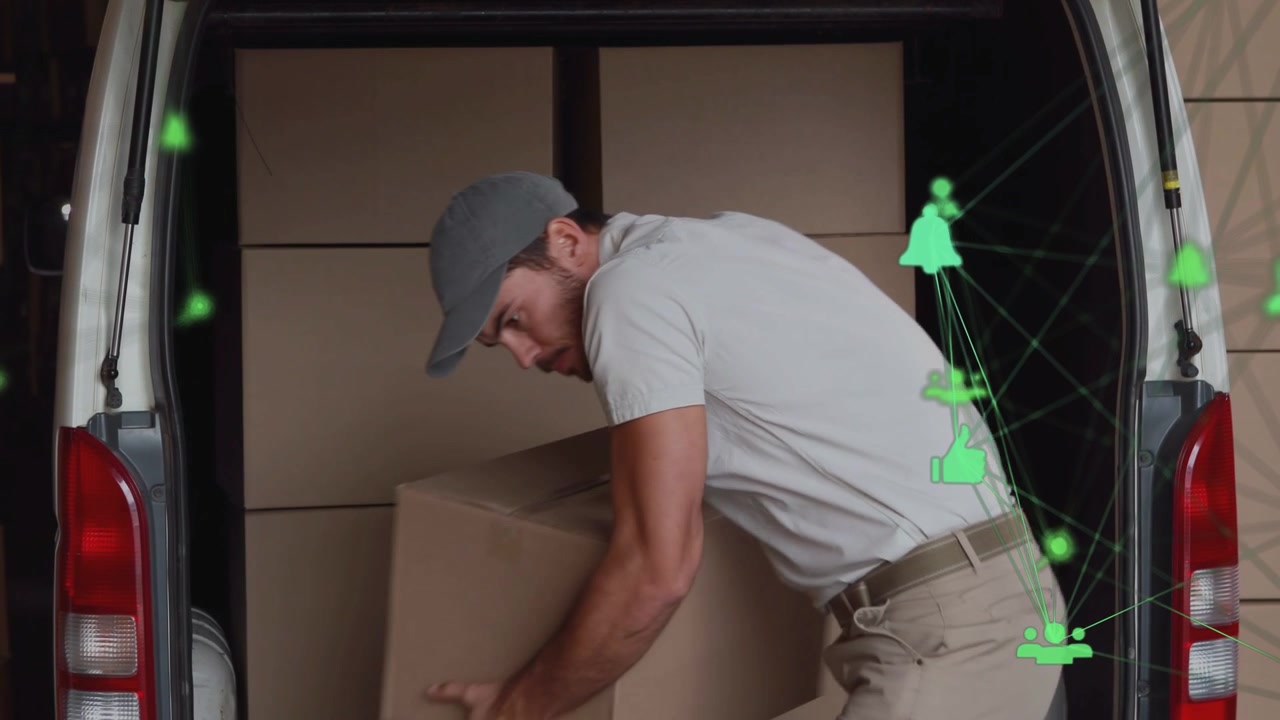 Mover grabbing box, loading van and optimizing load while green net overlay guiding placement