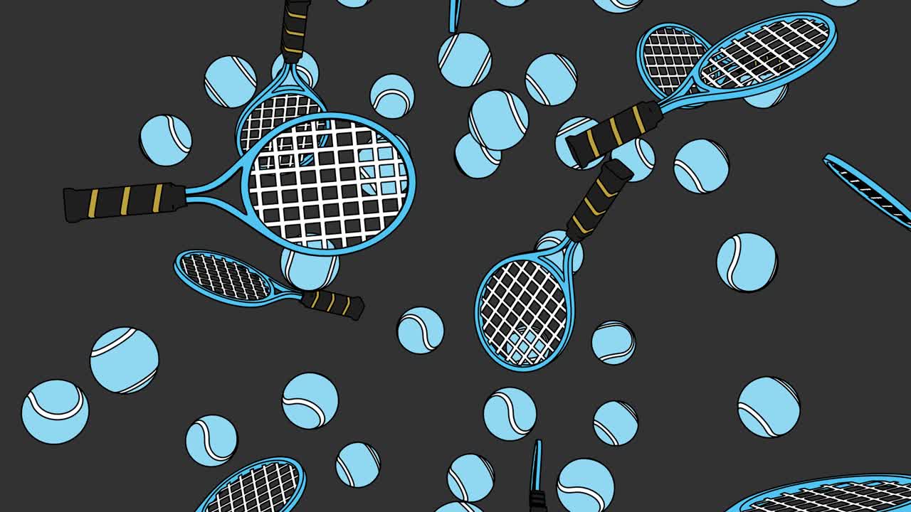 회색 배경에 희미한 파란색 테니스 공과 테니스 라켓.