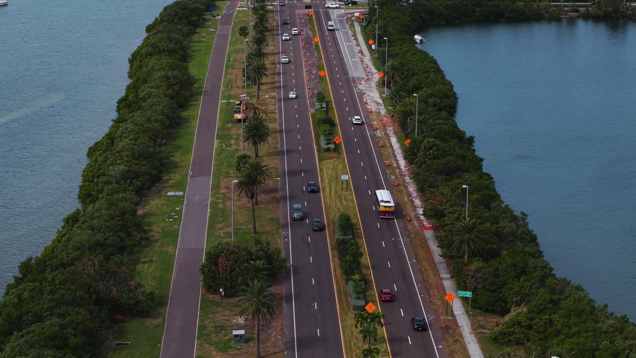 Aerial tilt shot following traffic on the Clearwater Memorial Causeway, in Florida