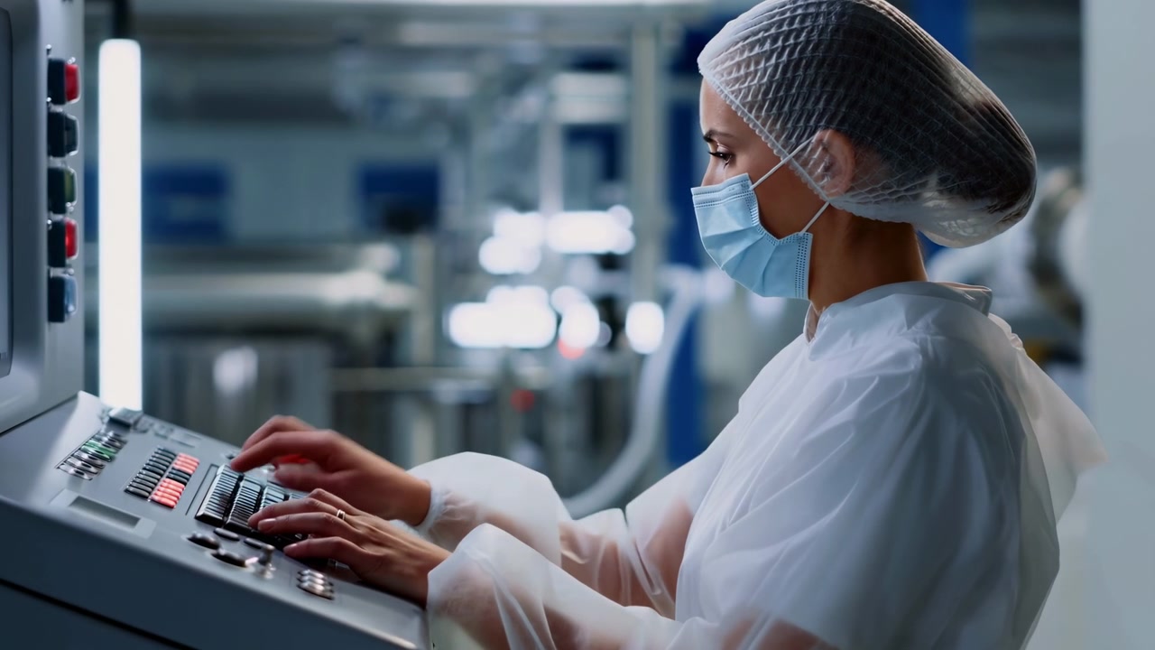 Female Technician In Mask Operating Panel, Focused On Adjusting Controls And Monitoring Indicators